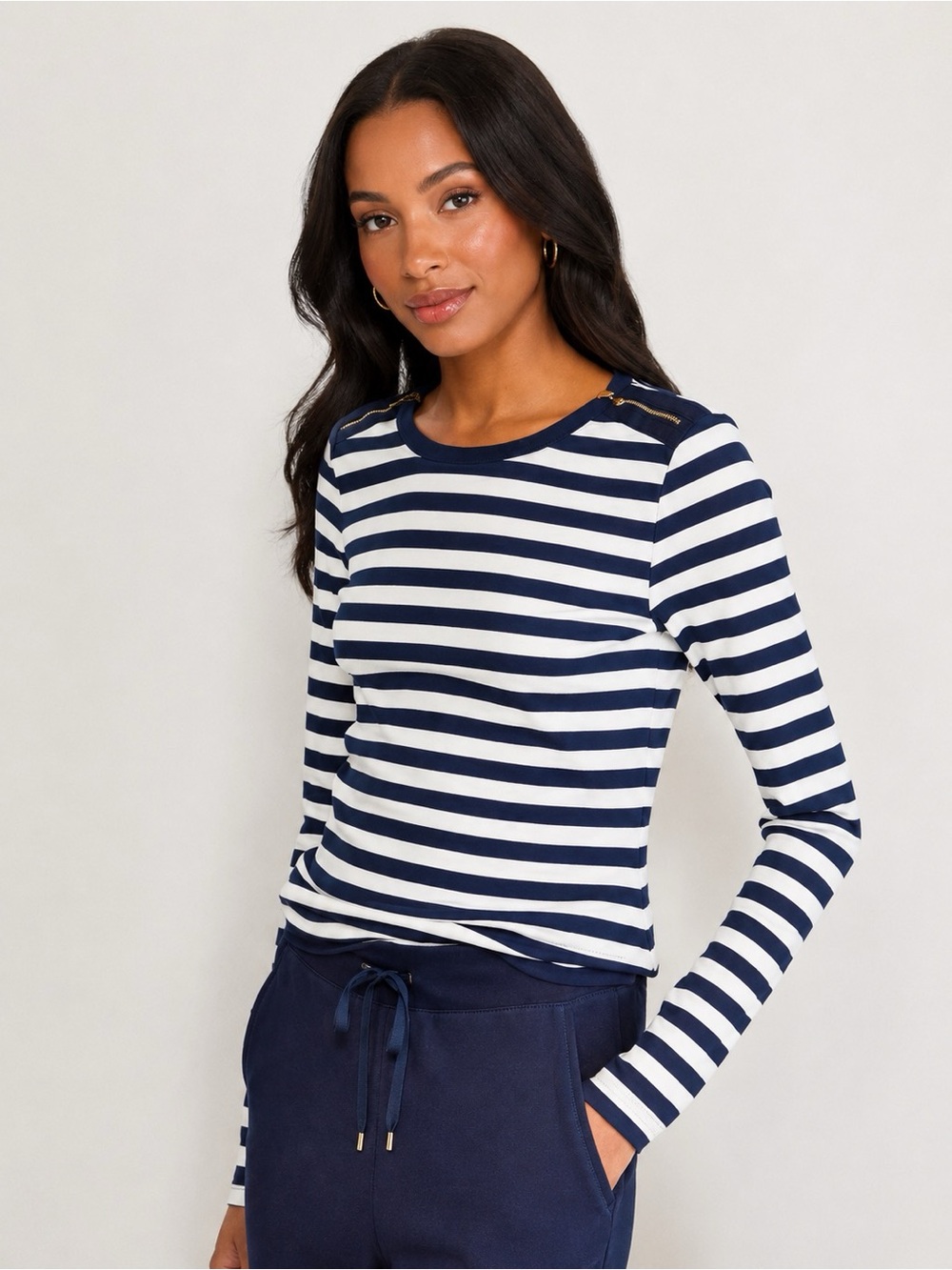Lauren Ralph Lauren Navy White Striped Zip Shoulder Top Nautical Women Size L